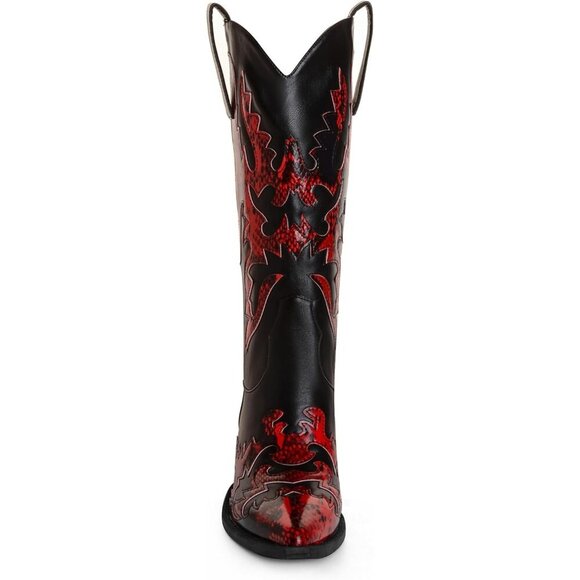 Women's Black Red Mid Calf Knee High Pointed Toe Dressy Cowgirl Western Boots - Picture 5 of 6